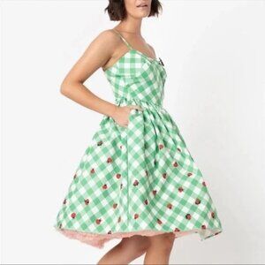 Unique Vintage Inspired Pinup Green Checkered Dress Ladybug Print L 10/12 NWT